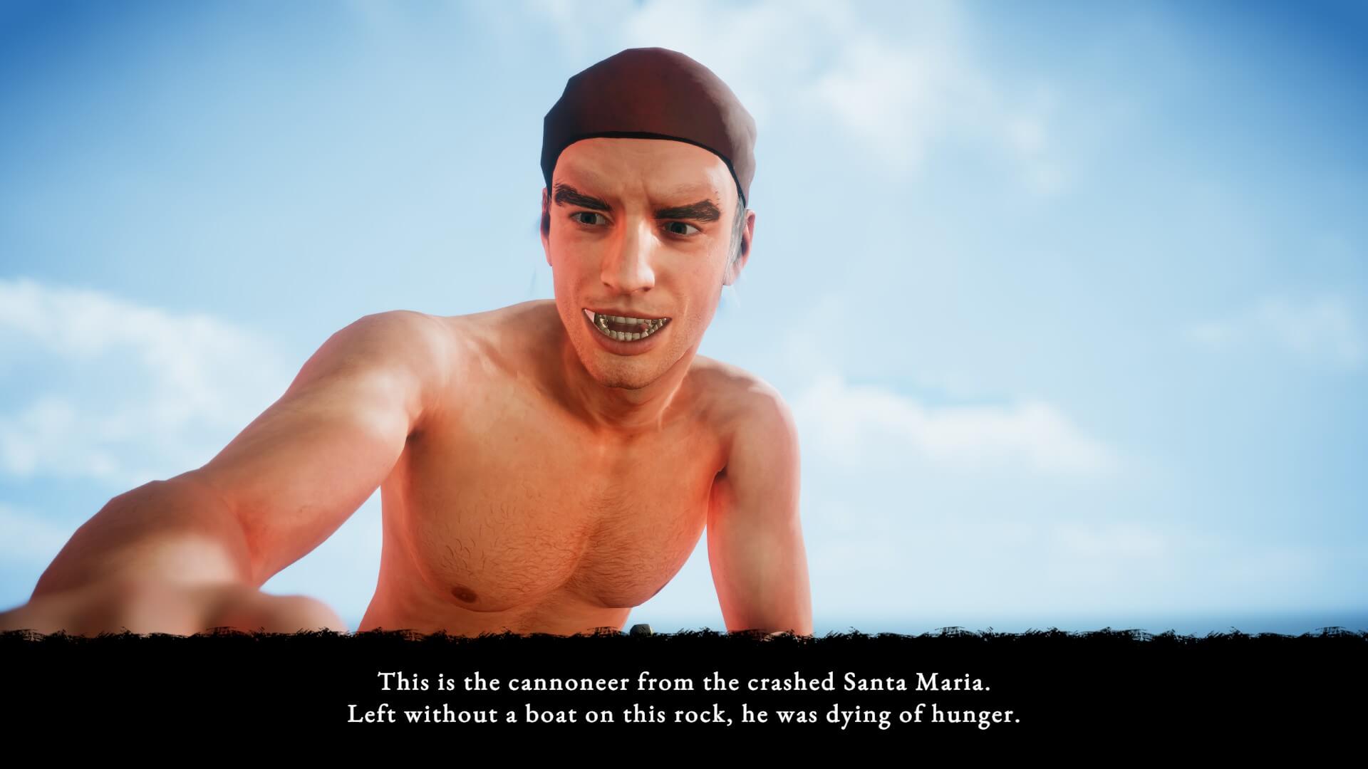 A cutscene describing who the individual is in the shot. the man seems to wearing a brown bandanna and is topless as it is a sunny day.