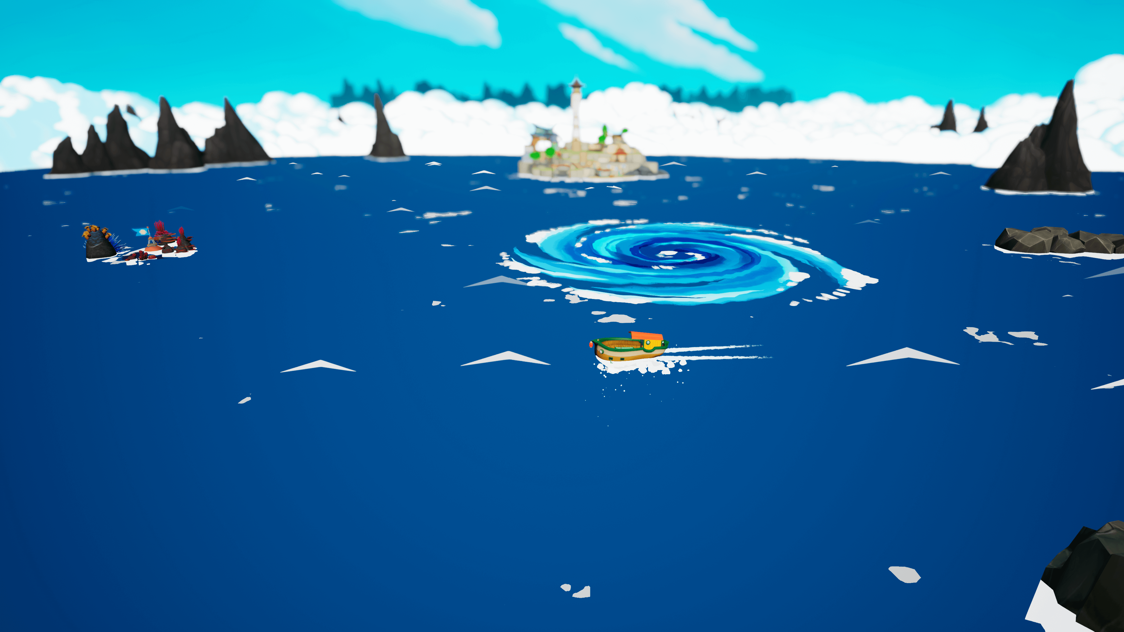 Screenshot of Koa exploring the sea in her boat, which she uses to travel between islands. A Whirlpool can be seen just a short distance from Koa and her boat.