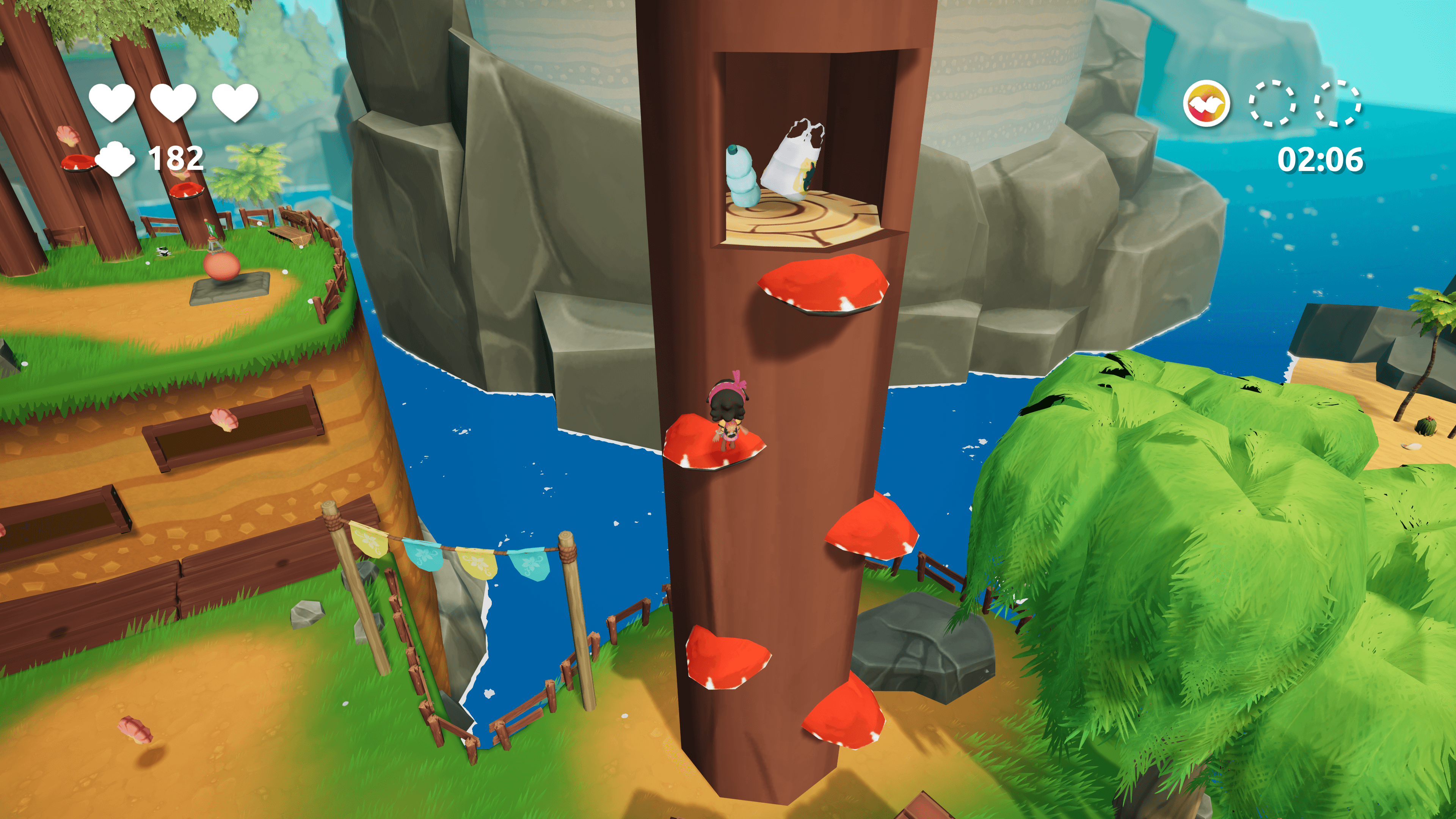 Screenshot shows Koa standing atop a log, with mushroom ledges forming a jumping puzzle from base to top.