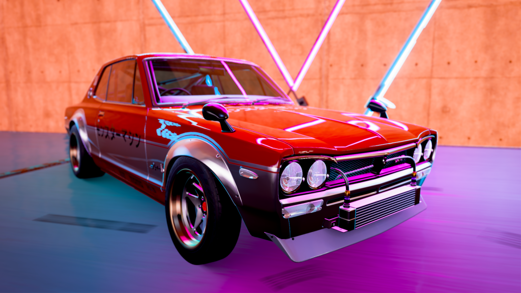 A screen shoot of a Nissan Skyline showcasing Forza Horizon 5's Ray Traced refelctions in the games inbuilt photo mode.