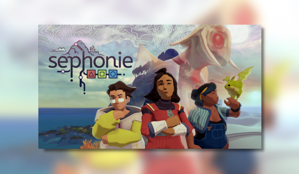 The Sephonie logo, with the main cast of characters (Amy, Ryou, and Ing-Wen) standing in front of the island, with a mysterious alien figure in the background. Ing-Wen is holding a bat-frog - cute!