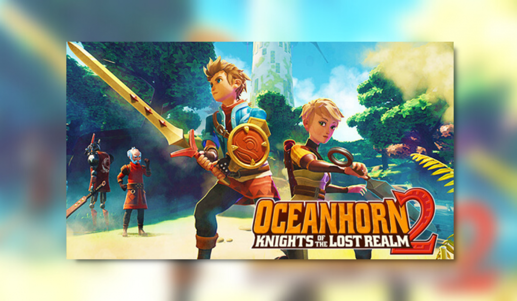 Key art for PS5 game Oceanhorn 2 freaturing main characters in foreground with the game logo to the bottom right