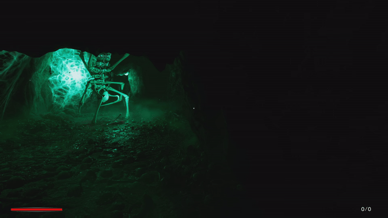 a gif of me crouching and wandering a cave while approaching a spider that looks to be in the shape of a spinal cord. The spider itself rises up into the ceiling. A glowing neon web is seen nearby providing me with light.