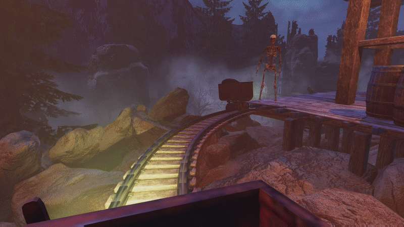 A gif of me riding a roller-coaster that ends with a giant skull. The beginning starts with me looking at a skeleton. a cart is ahead of me.