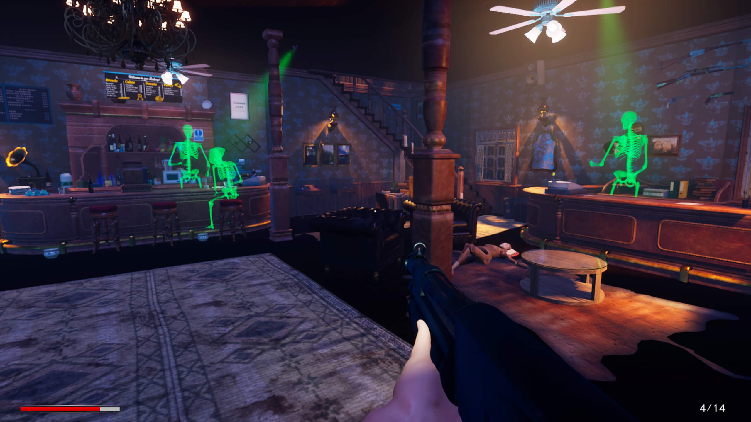 a shot of me in a saloon with various glowing green skeletons. There are a few puppet bodies on the floor and I am holding a shotgun. You can see a beam of green light pointing at the skeletons which helps to show they are holograms.