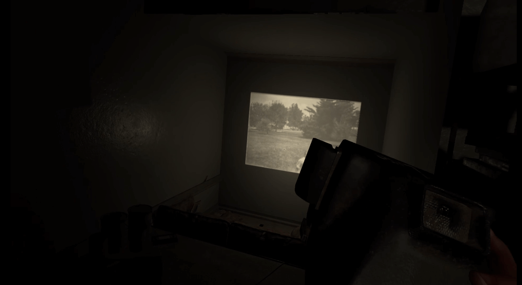 screenshot from Madison VR. a polaroid camera is held out in front. a theatre room for showing family photos from a projector is in front of us. on the wall a phot is projected. the back and white photo shows a young boy on a field with trees in the background