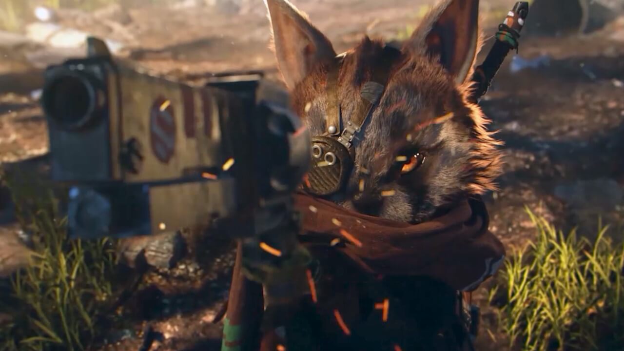 A scene from the opening cutscene of Biomutant, it features a raccoon like creature that the player plays as. In the scene it is aiming its weapon at an enemy off screen