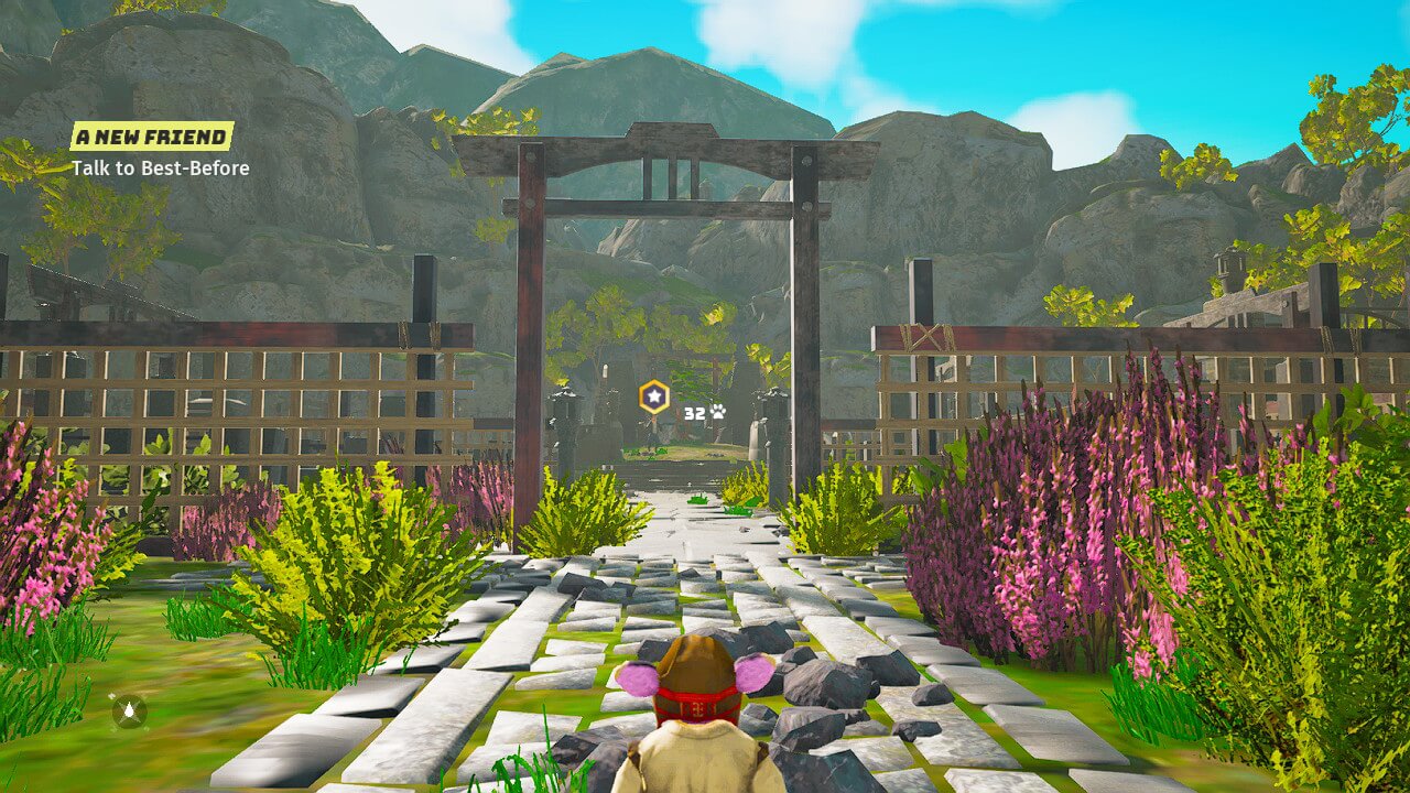 The character stands in front of a fence and a gate. In the distance, marked by the orange marker, is an NPC that will allow you to advance through the game.