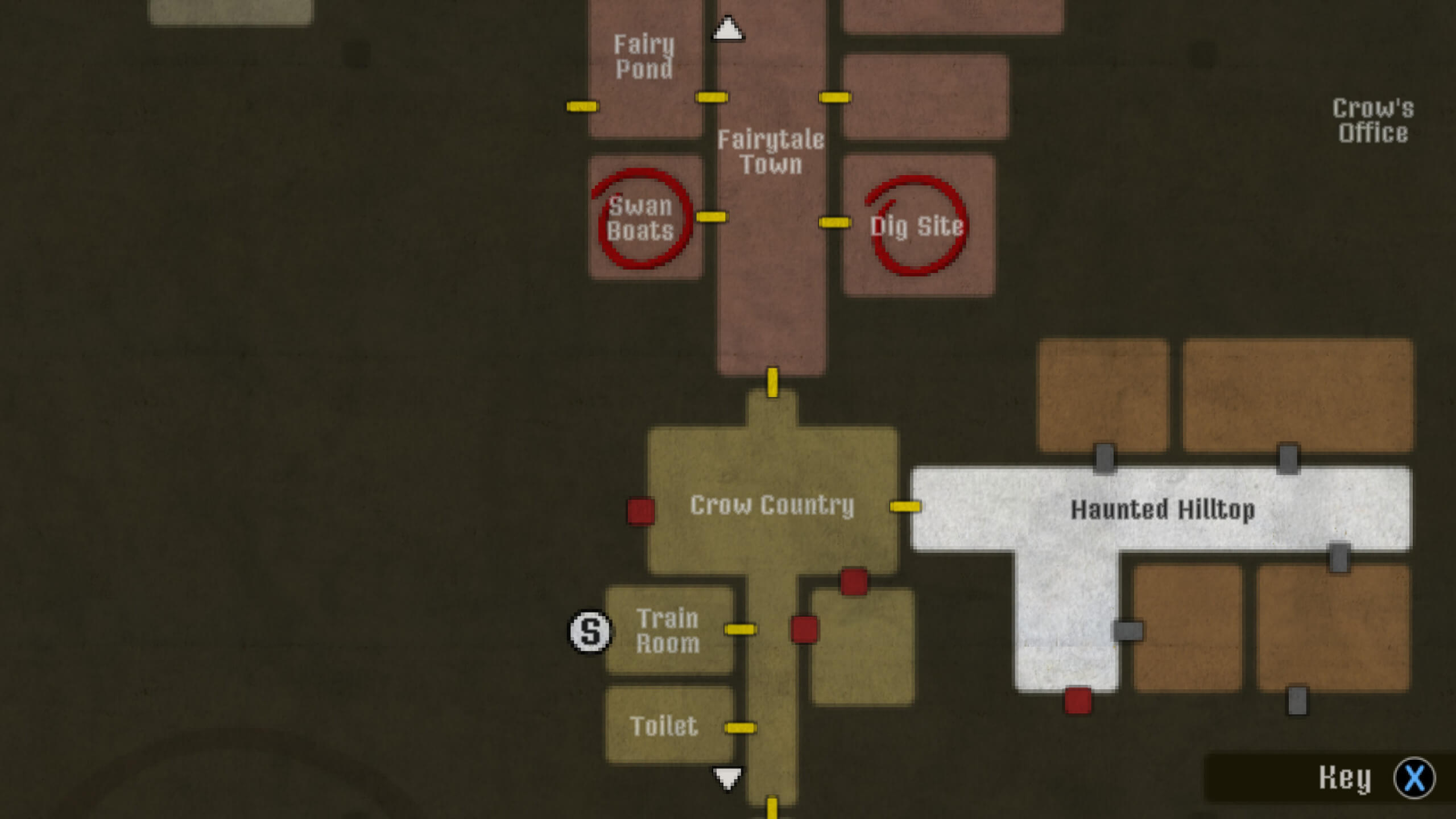 Some of the map I have unlocked. There are various areas with title saying what they are. The red blocks mean the doors are locked while the red circles mean there is an unsolved puzzle.