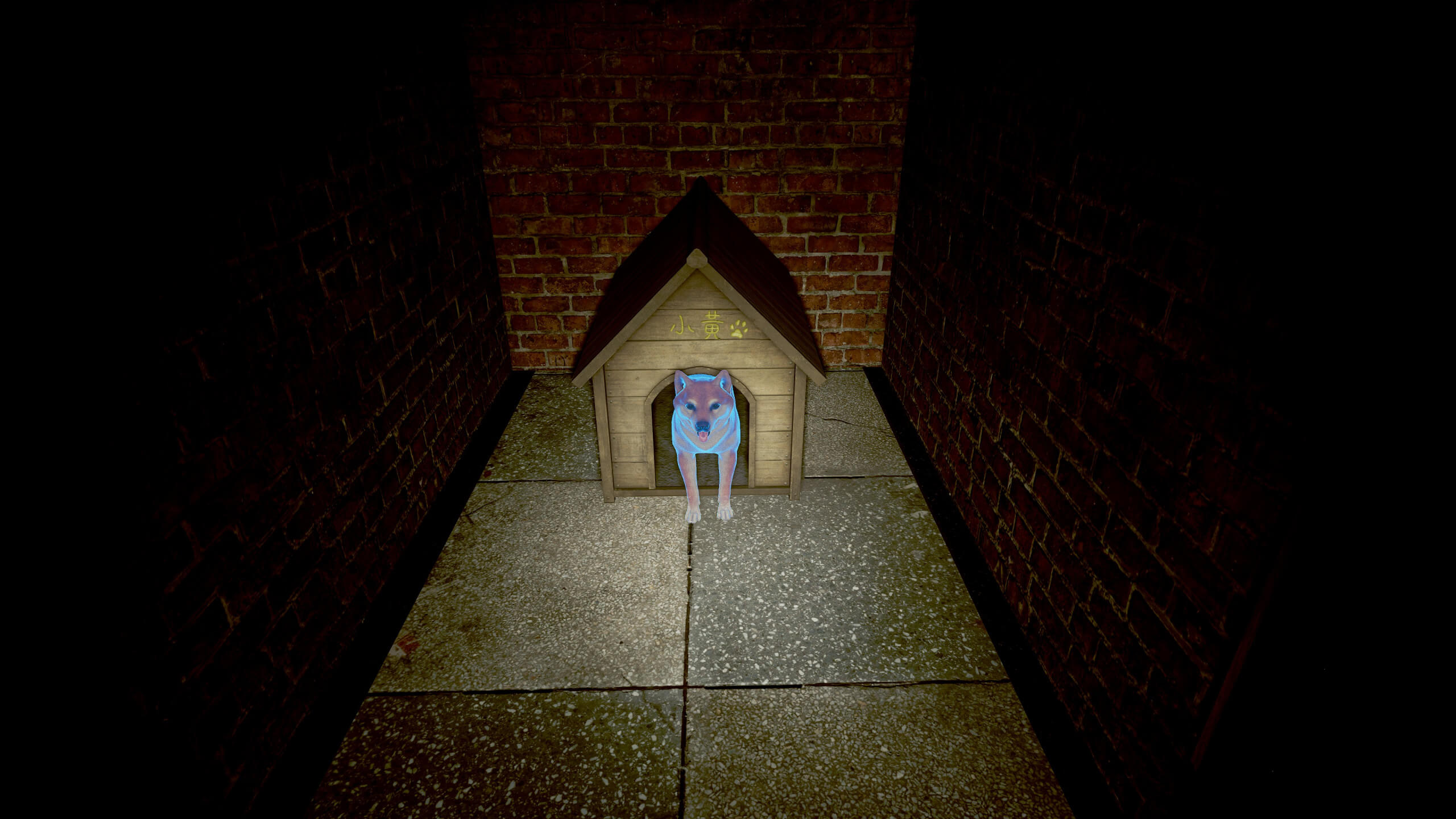 A picture of Poody a ghost dog that appears multiple time throughout the game, as you can see he is in his house.