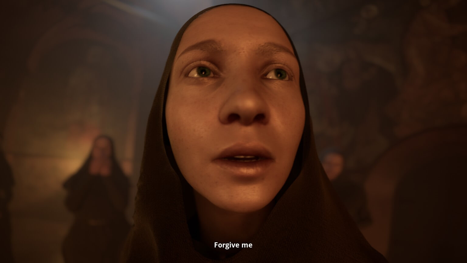 A close up shot of Indika asking for forgiveness. A couple of Nuns can also be seen in the back ground.