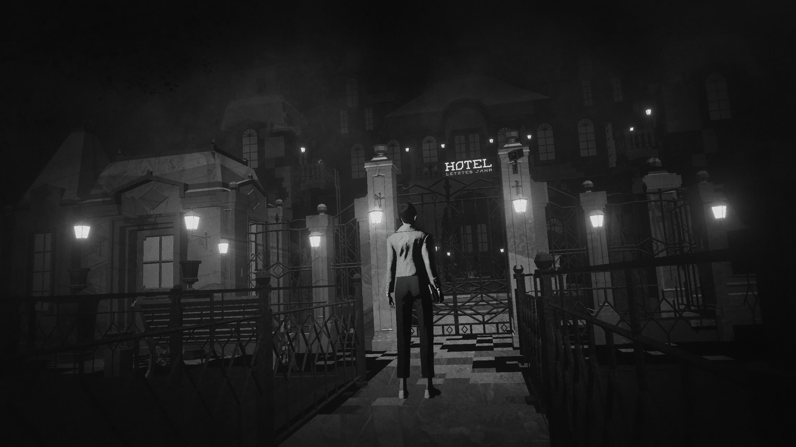 The player character stands before a grand hotel building, Hotel Letztes Jahr.