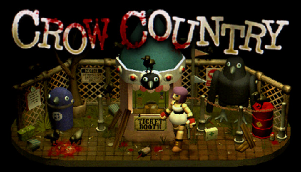 The feature Image for the game Crow Country. The title has a blood splatter covering a few letters. The main character Mara is walking around what seems to be an entrance to the park.