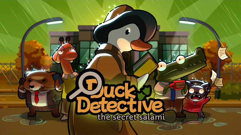 The key art for the game Duck Detective The Secret Salami. You can see a duck in a dark brown fedora and a tan trench coat holding a note book. In the back, you can see several characters such as a bear, giraffe, alligator and cat. It's in a rainy moody setting.