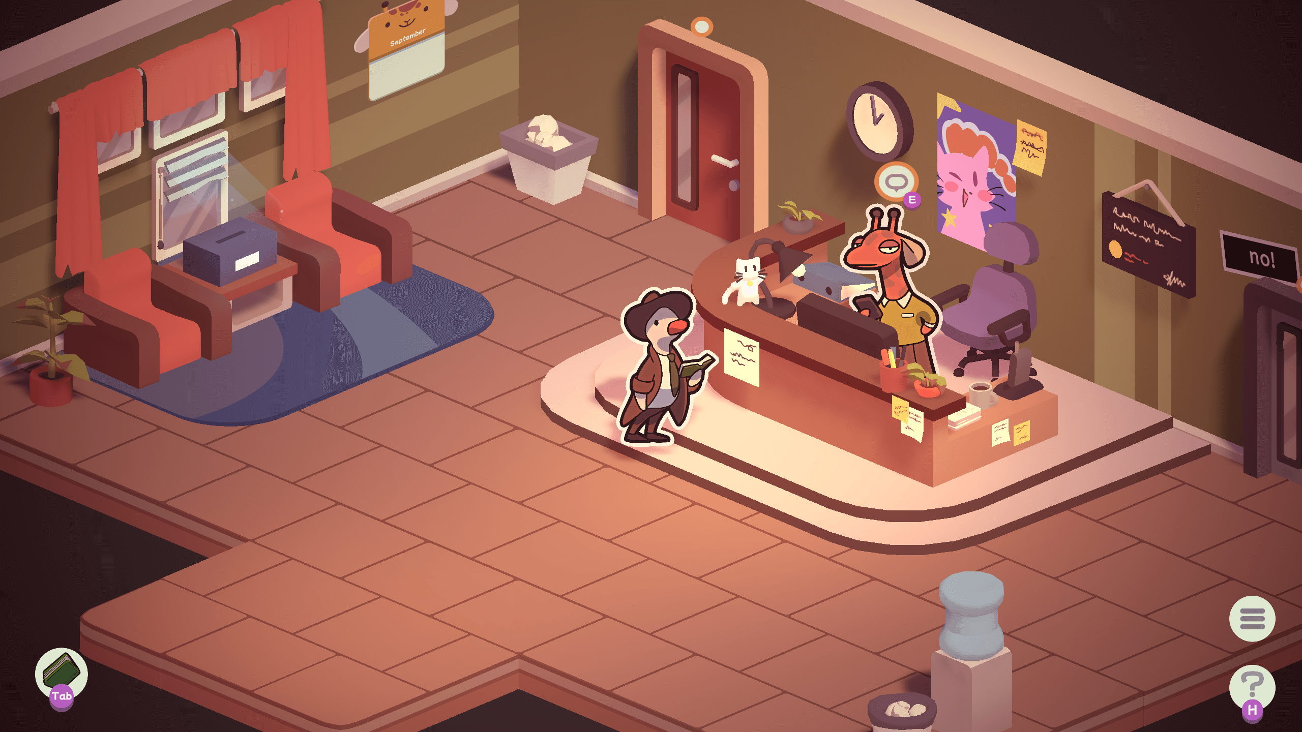 A screenshot of the game Duck Detective: The Secret Salami. You can see the main character Eugene in an office reception. There is a giraffe at the desk on her phone. The office is well lit with several posters on the wall and post it notes surrounding the desk. 