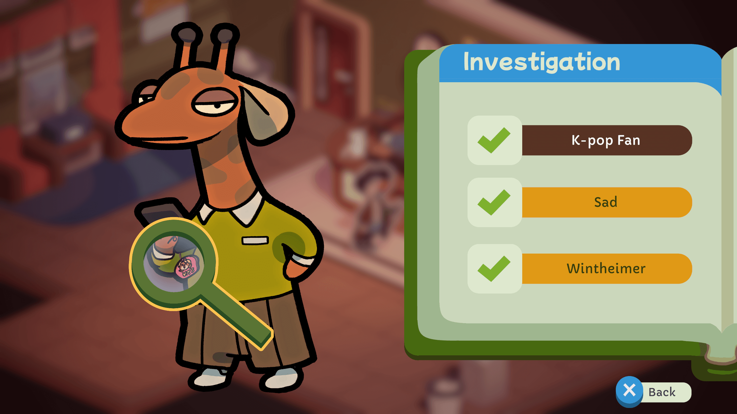 A screenshot from the game Duck Detective: The Secret Salami. It shows the UI of when the player is inspecting a suspect. You can see a tan giraffe in a green seat with beige slacks. There is a green magnifying glass that assisst players in finding clues to the investigation. It also shows a notebook on the right that has key words such as K-pop fan, sad, and Wintheimer
