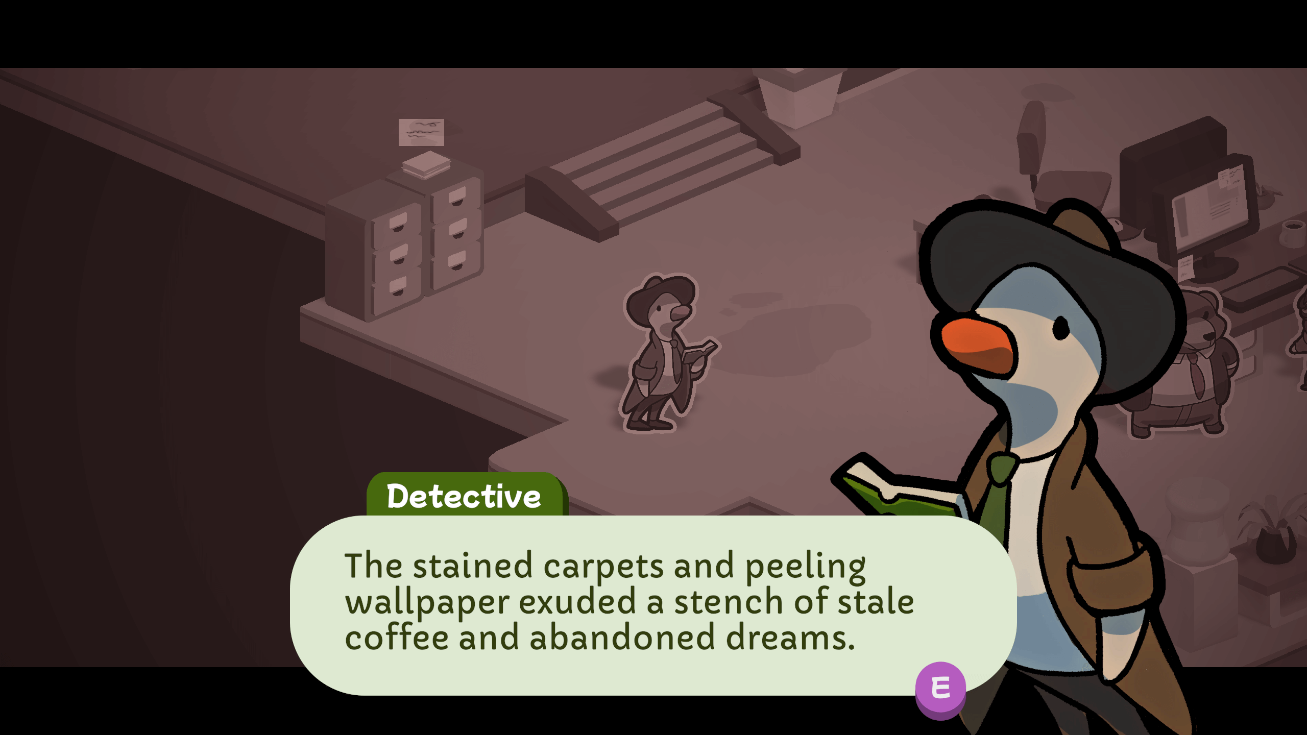 A screenshot of Duck Detective: The Secret Salami. This is an inner monologue sceene from Eugene McQuacklin. He is a duck wearing a brown fedora and tan trenchcoat, with a green tie that matches his notebook. He is stood in an office and describes it as "the stained carpets and peeling wallpaper exuded a stench of stale coffee and abandoned dreams." There is a sepia toned filter. 