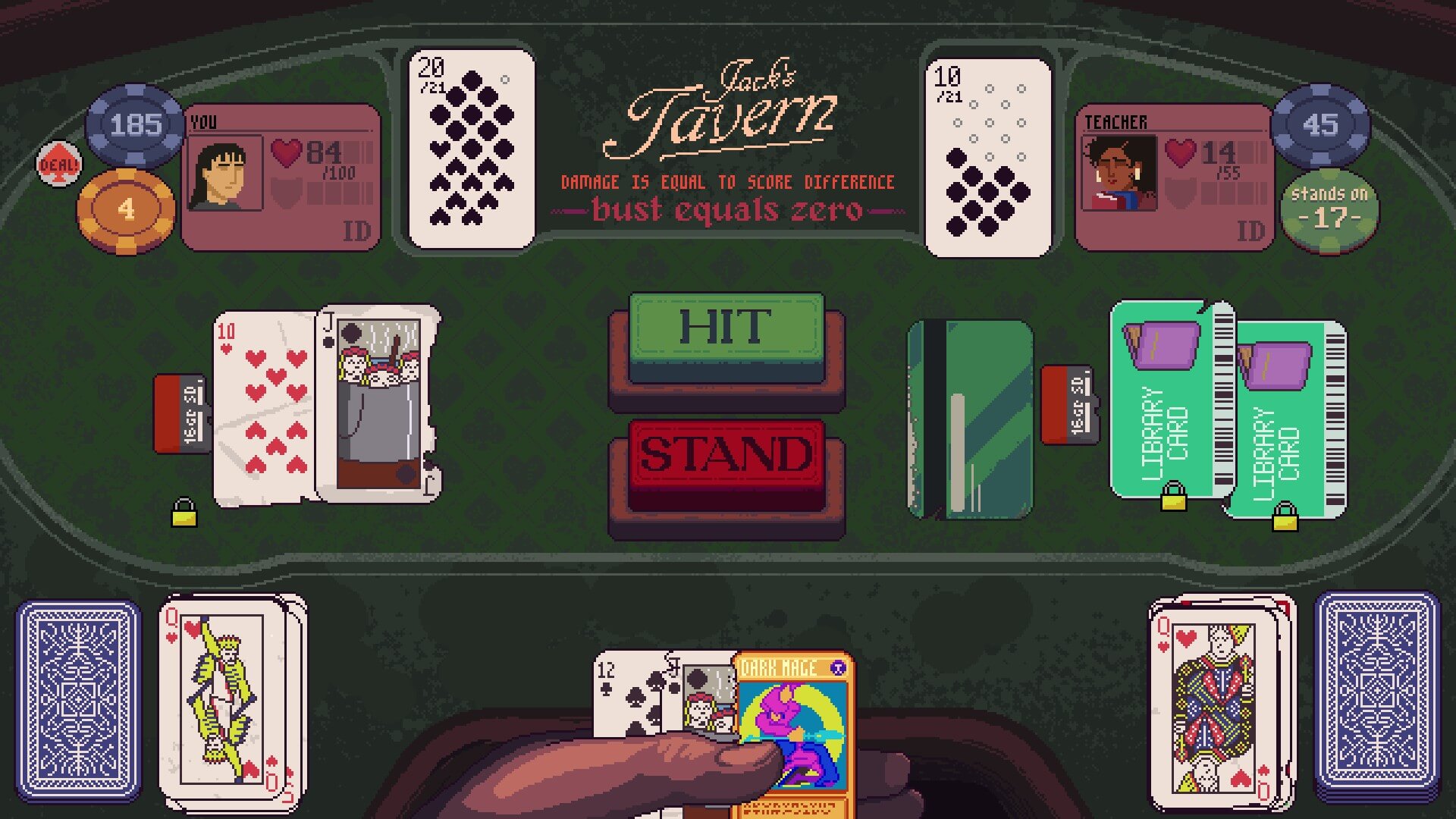 A pixelated hand holds a variety of odd cards ranging from normal playing cards to Yu-Gi-Oh style trading cards. There is an opponent opposite, and most of the felt table is taken up by poker chips, more cards, and all the accompanying gear you need to play blackjack.