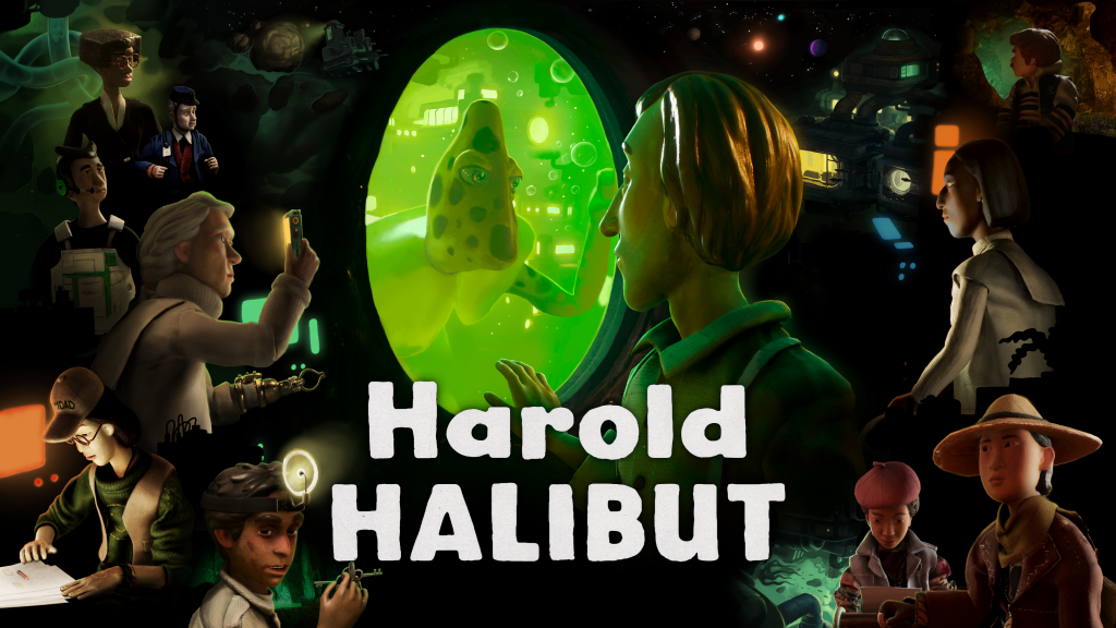 Key art for Harold Halibut shoing main character Harold peering through an underwater viewing port with a mysterious creature looking back at him from the other side