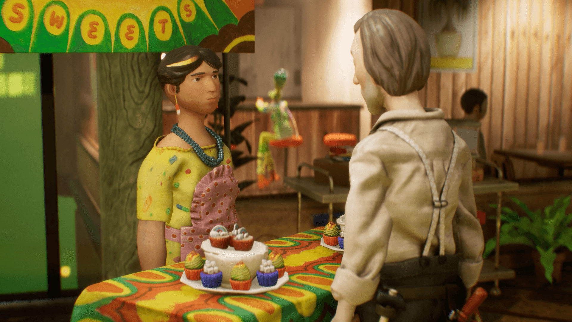 A colourful claymation scene with two characters in the foreground conversing