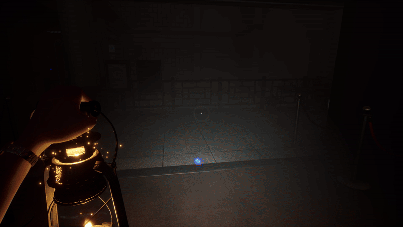 A gif of me using the Anima Lantern to reveal a blue spirit orb. The orb then shows a pair of footprints that are covered in blood, they begin trialling off.