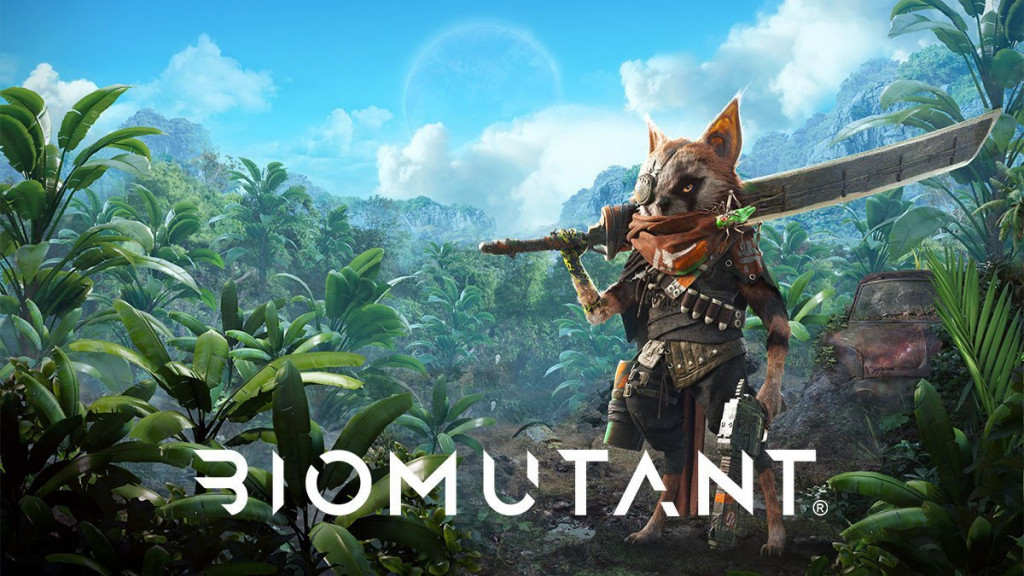 The Biomutant press release image featuring an example playable character on the right side of the image and the game name in the bottom centre.