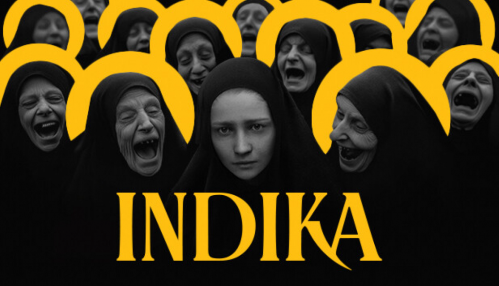 The image shows many old nuns, all facing and laughing at a young nun in the middle. The name Indika is at the forefront of the image in yellow. Yellow also highlights the tops of everyone's head, excluding the young woman.