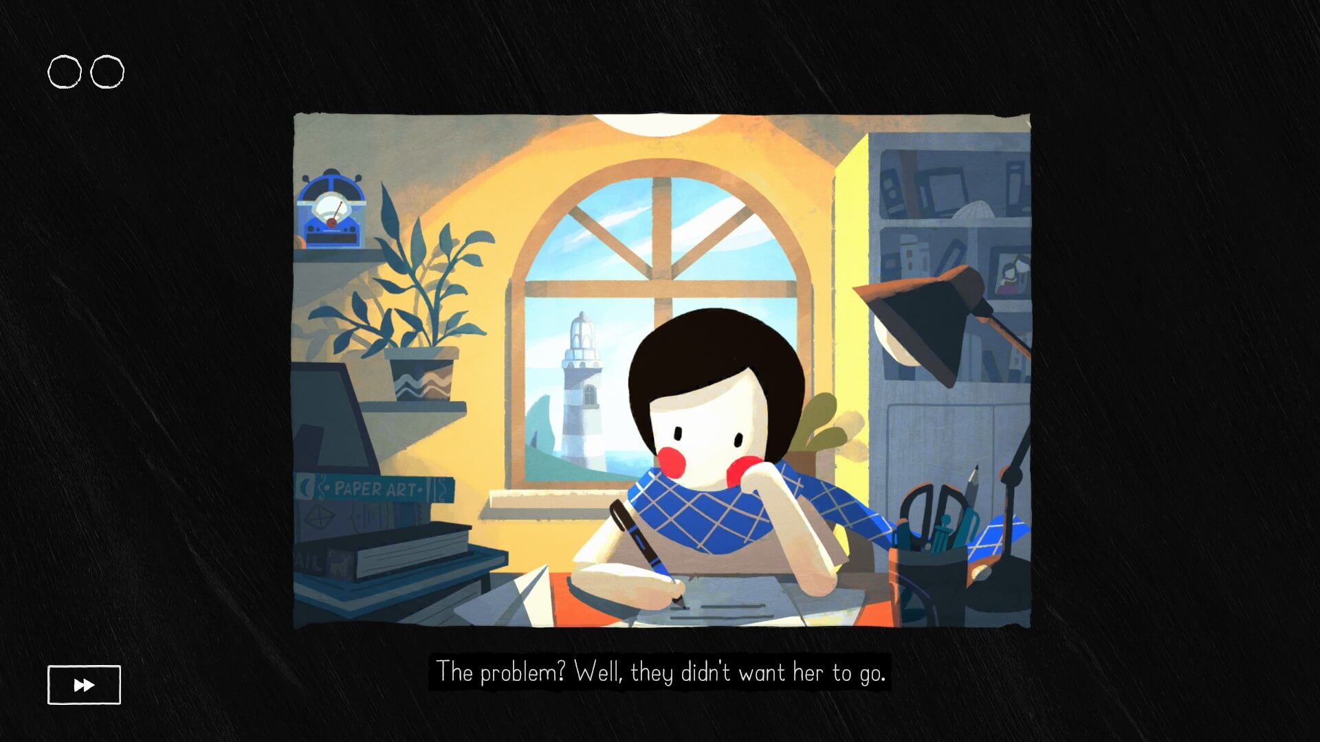 The main character, Paige, sits at her desk with a pen in her hand. There are subtitles below saying 'The problem? Well they didn't want her to go'. Behind her is a window with a tower in the distance showing highlighting where her journey will take her.
