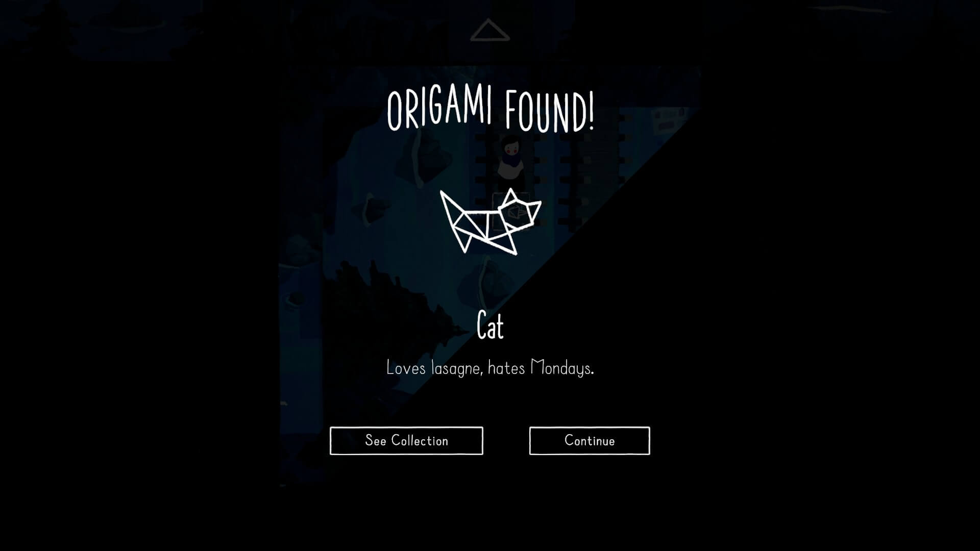 The image says 'origami found' and there is a small symbol of an origami cat. This is the first collectible in the game