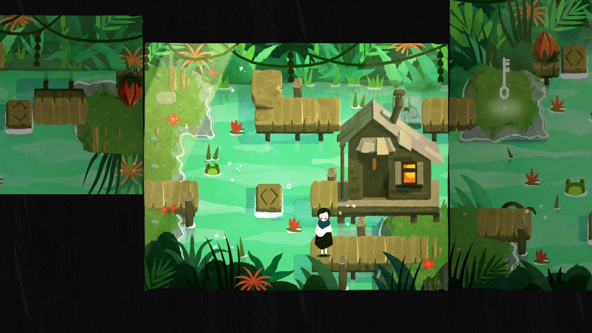 Towards the bottom of the image, Paige, the main characters, stands on a small wooden dock. The green swamp shows a number of possible paths that the player can reach by folding the paper. There is a key on the right side of the image that unlocks the path to the next scene. There is also a dark brown square with arrows on it in the water which can be moved by the player.