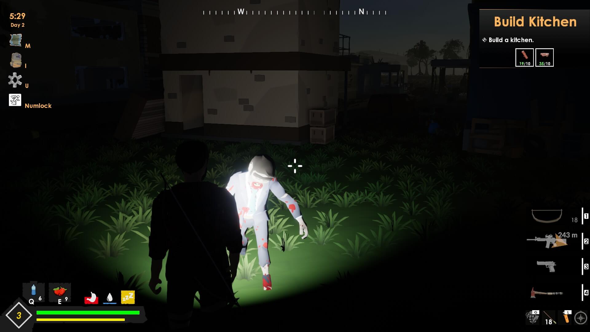 I am shining my torch at an infected who is running at me. There are some crate visible in the background near a building. On the hud you can see my current equipment which consists of a bow, rifle and axe.