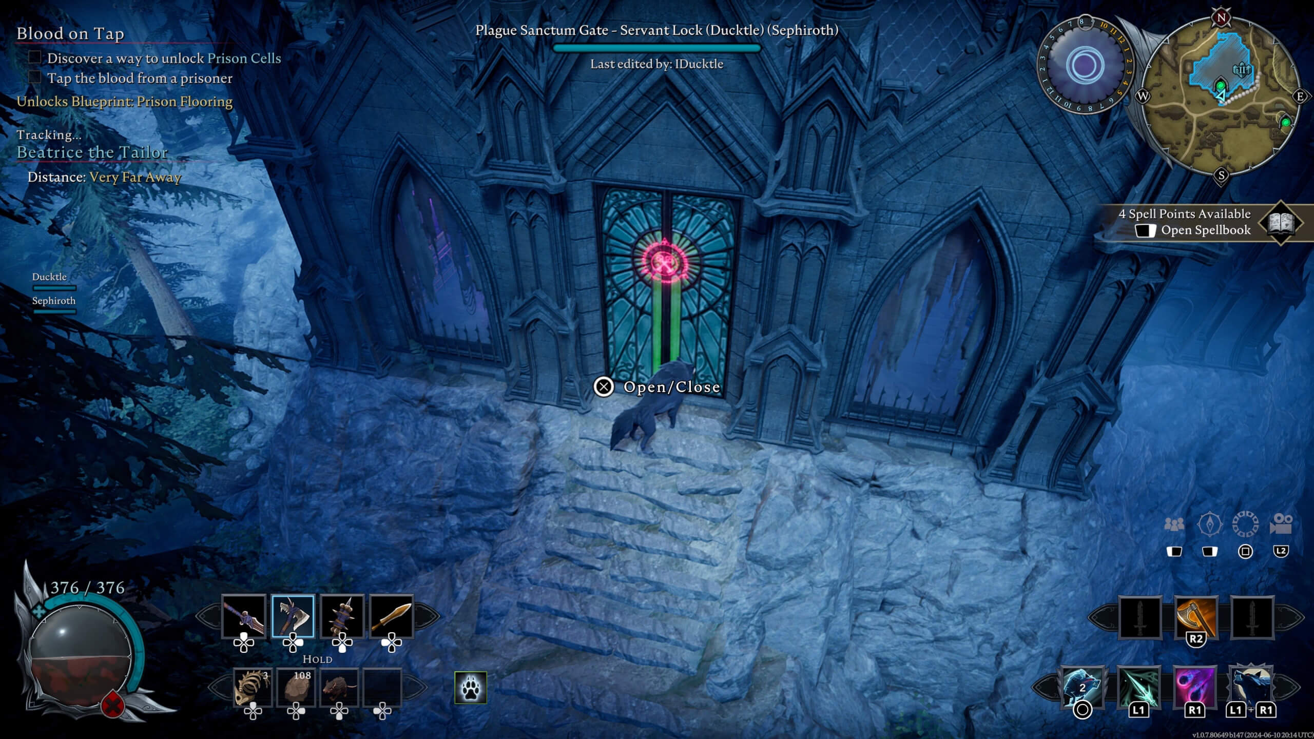 The player character as a transformed wolf standing in front of their castle door