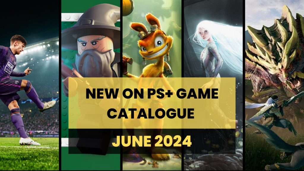 Image split into 5 vertical columns showing artwork from some of the featured games in the June 2024 PSPlus Game Catalogue