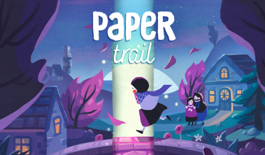 The launch image for Paper Trail by Newfangled Games. Paige, the main character, is running in the centre of the image with the game title just above her. In the background is a man and a woman - the main character's parents. They are surrounded by trees and leaves.