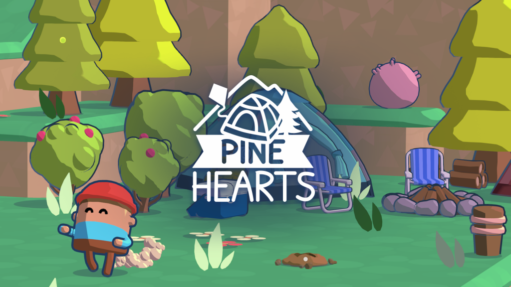 One of the key art for Pine Hearts. You can see the main character, Tyke, in a red cap, blue shirt and brown trousers. They are in a camping grounds setting and you can a tent, camping chairs and a fire pit.