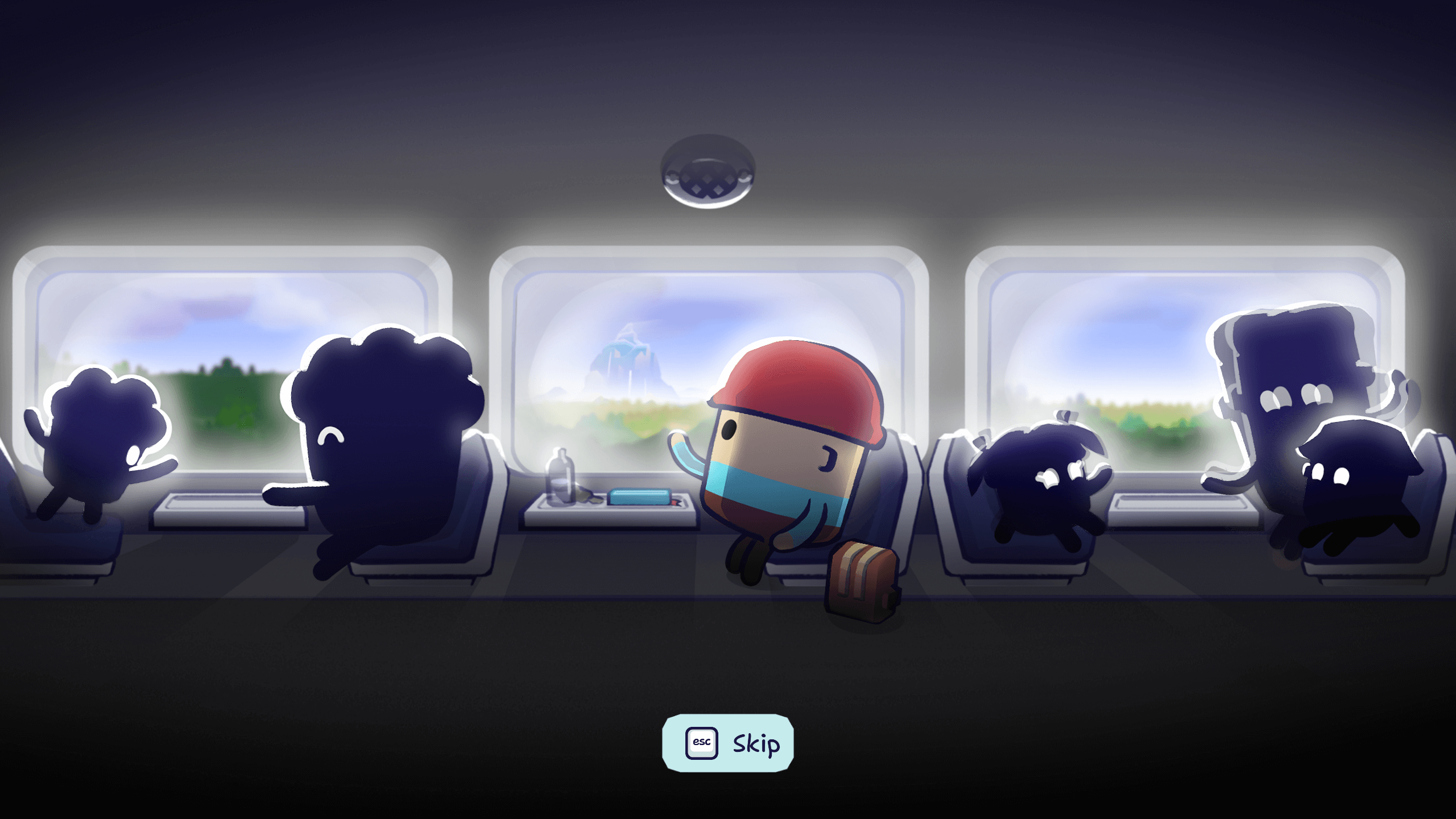 The opening scene in Pine Hearts. You can see the main character, Tyke, in a red hat, blue shirt and brown pants. They are sititng in a busy train carriage. In the distance, you can see see a large mountain. 