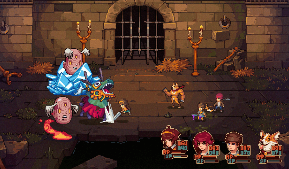 A pixel art scene depicting a turn-based battle inside a dungeon with a portcullis in the centre. Monsters stand to the left while the characters stand to the right. Their faces and stats are displayed in the lower right corner. One attacks a monster with a sword.