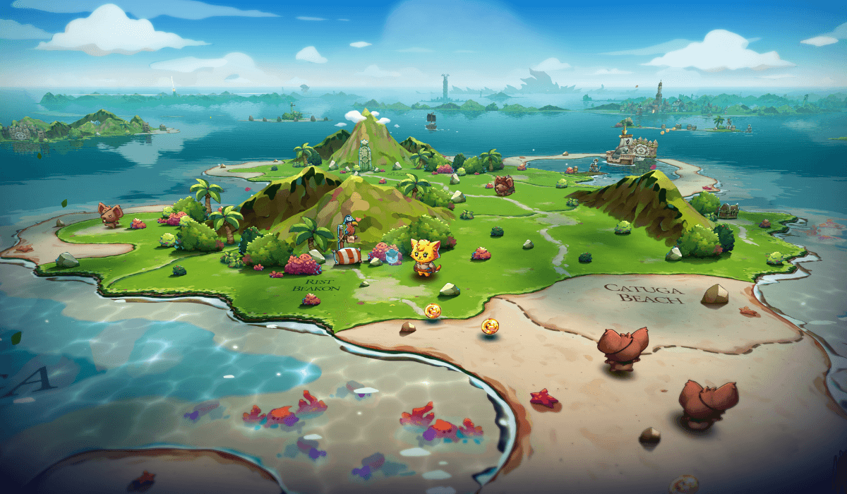 A pirate cat and a small ghost cat stand on an island with a sandy beach and green mountains, surrounded by a blue sea. The words 'Rest Beakon' and ' Catuga Beach' are displayed on the ground like a map.