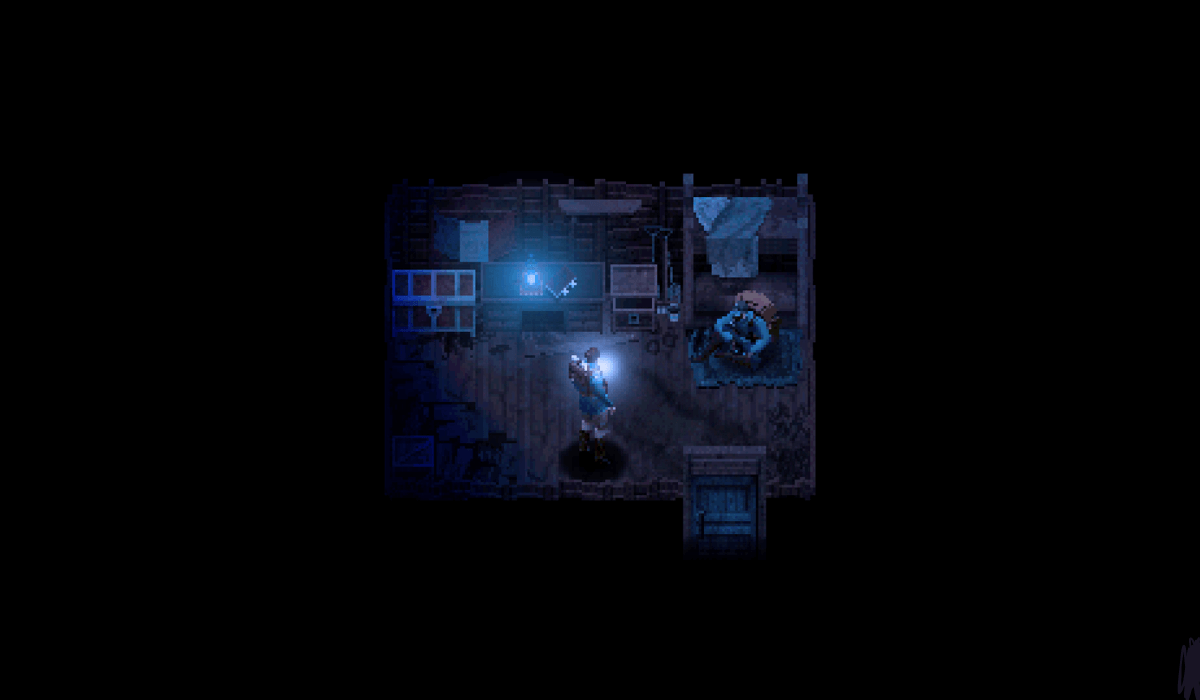 A black pixel art scene inside a World War 1 trench. A blue light glows in the centre, showing a soldier sitting in his bunk to the right and a soldier walking towards him. A large storage chest is to the left of the approaching soldier.