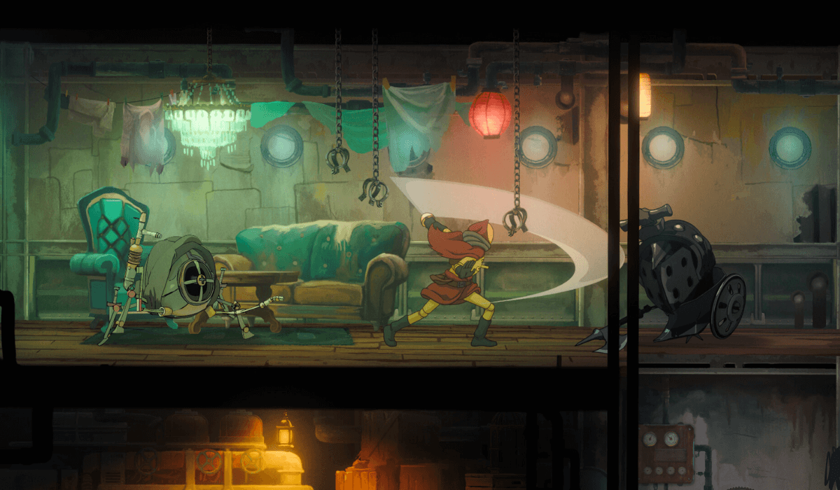 A wooden artist's doll swings a sword towards a mechanical enemy. An enemy resembling a mechanical spider approaches from behind. Coloured lights hang from the ceiling and old furniture is lying around the room.