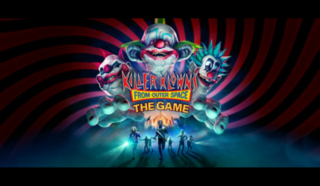 cover art for the game, displaying three clowns and a group of surviviors.
