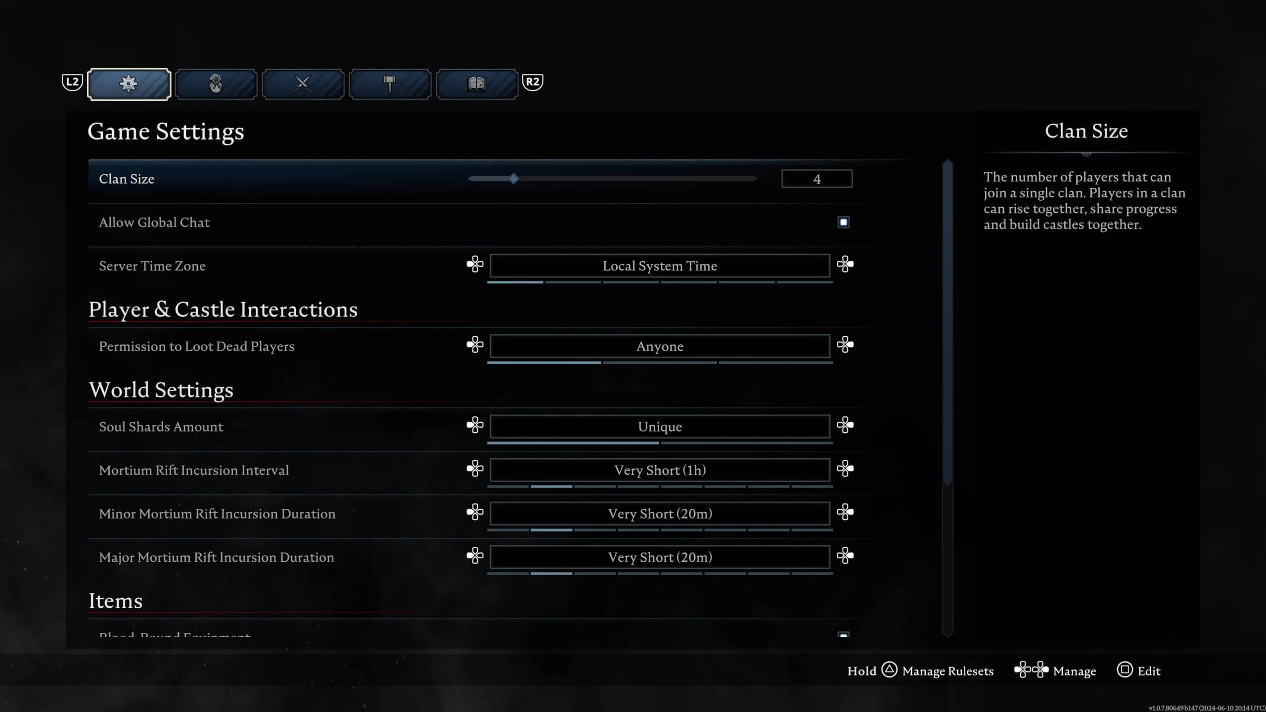 world settings menu in the game